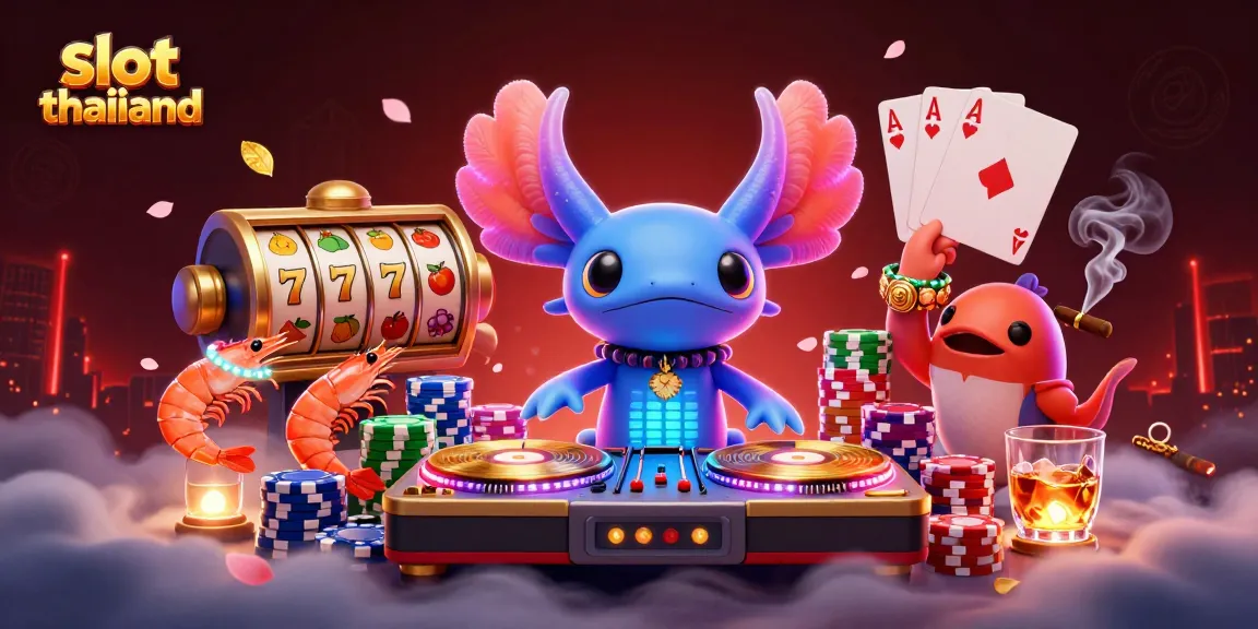 Spin slot thailand reels with a DJ axolotl and dancing shrimp, showcasing vibrant gambling energy.