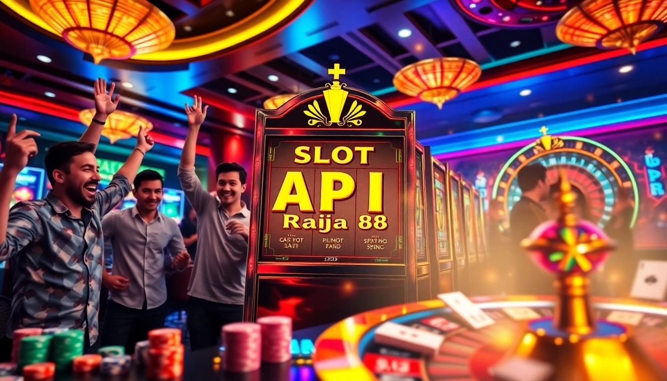 Players enjoying high-stakes fun at a slot api raja 88 machine in a glamorous casino setting.
