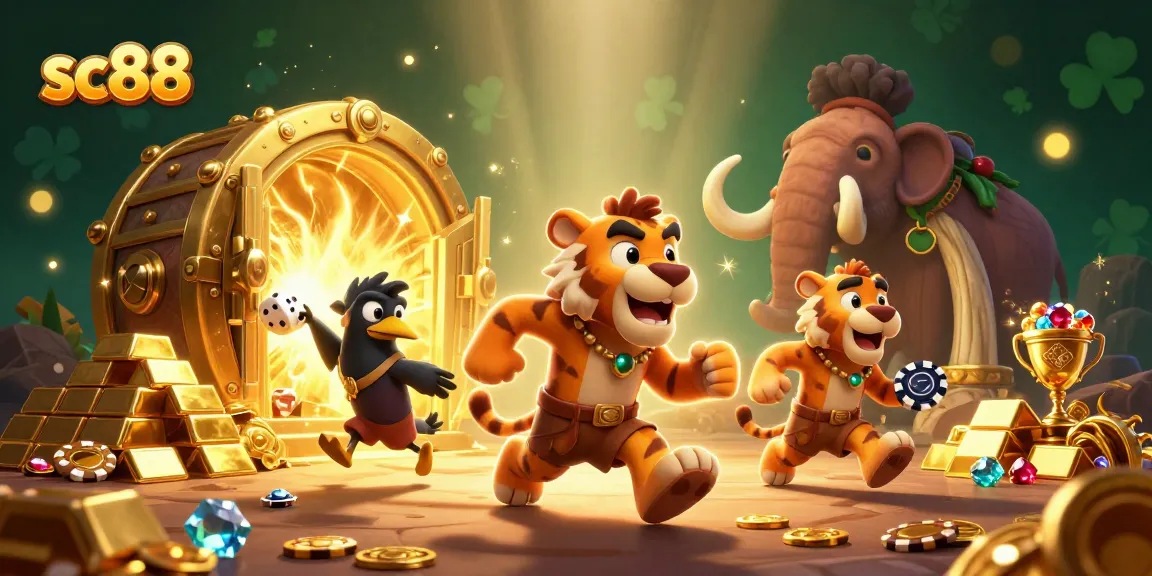 Experience exciting sc88 casino action with 3D cartoon characters enjoying poker and treasures.