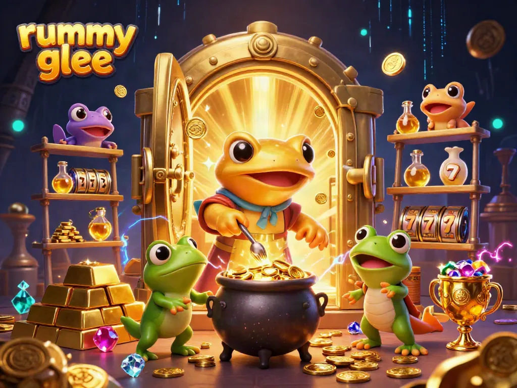 Ilustrasi Rummy Glee menampilkan alkemis salamander dan permainan slot yang memikat.