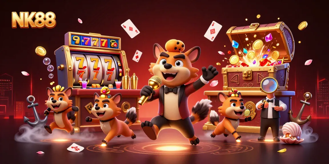 Join the fun at NK88's vibrant casino scene with hyenas serving drinks and jokes.