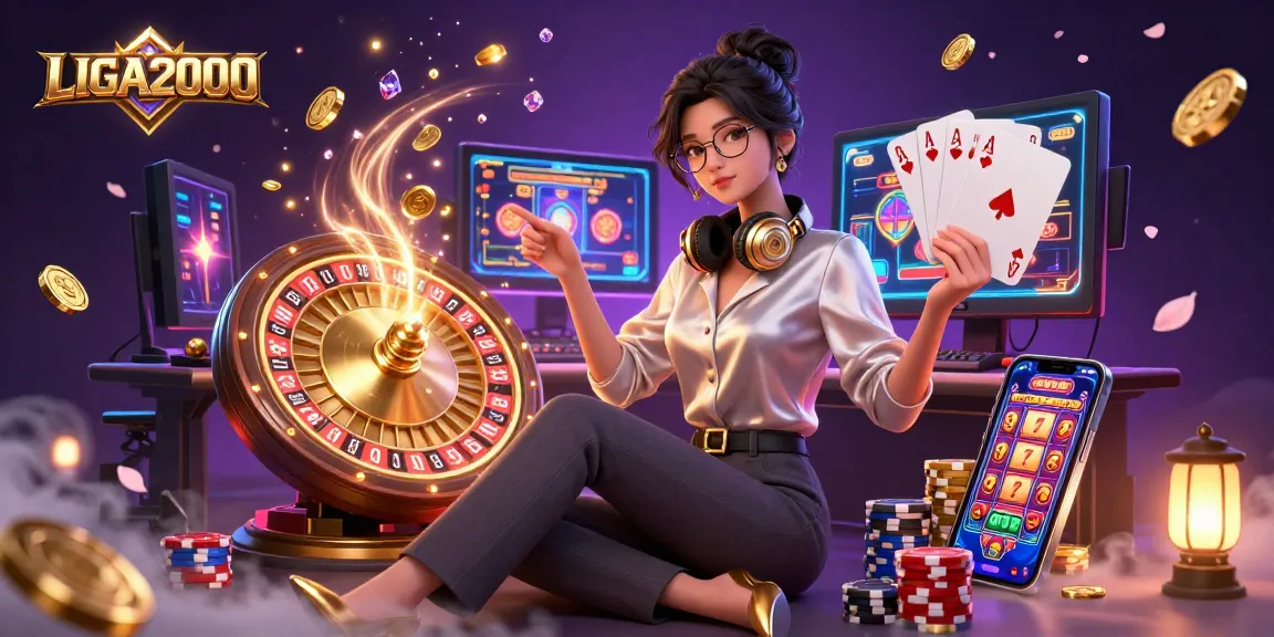 LIGA2000 menghadirkan adegan dinamis seorang gamer profesional di setup canggih, dikelilingi oleh elemen permainan kasino.