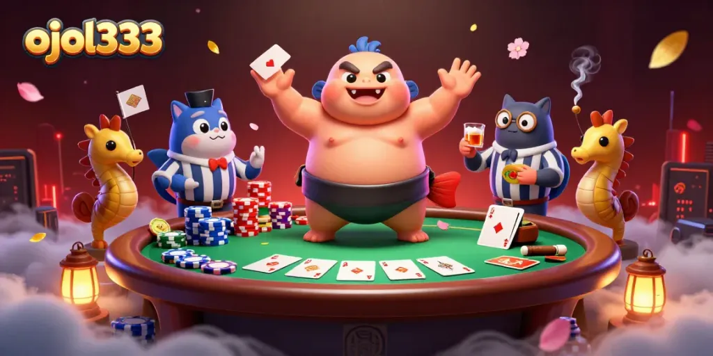 Play exciting card games at ojol333 with vibrant underwater casino illustration featuring a blowfish and poker elements.