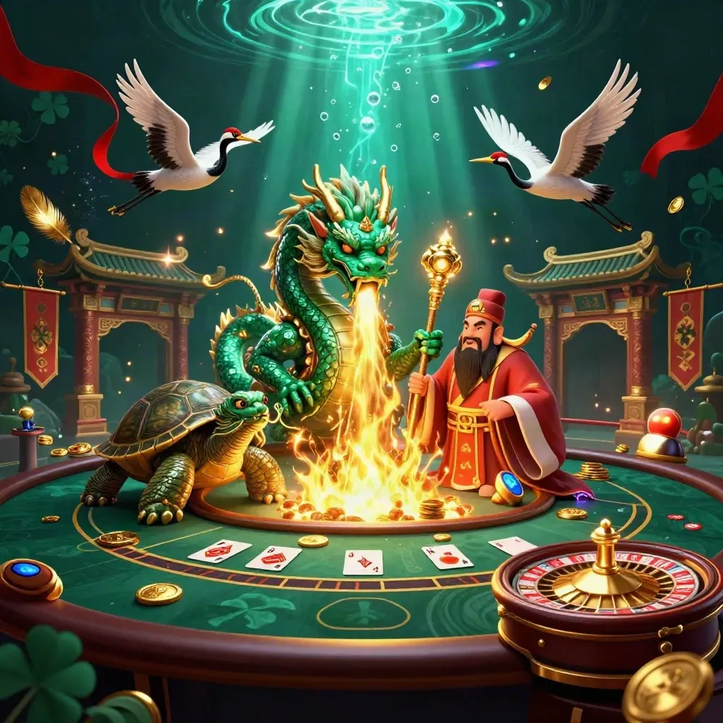 Jade dragon, turtle sage, and cranes in a glowing casino battle scene