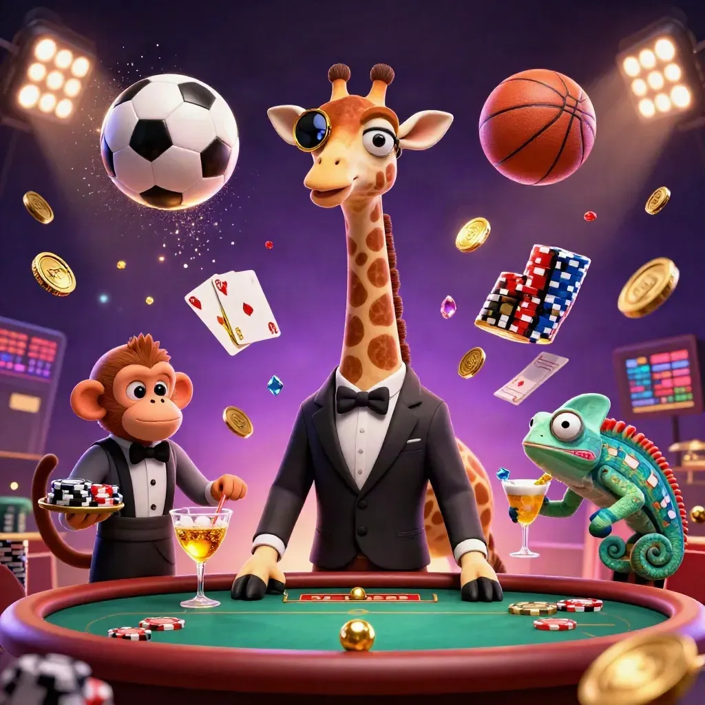 Low-angle neon casino arena with giraffe, monkey, chameleon, flying chips, balls and gold light.