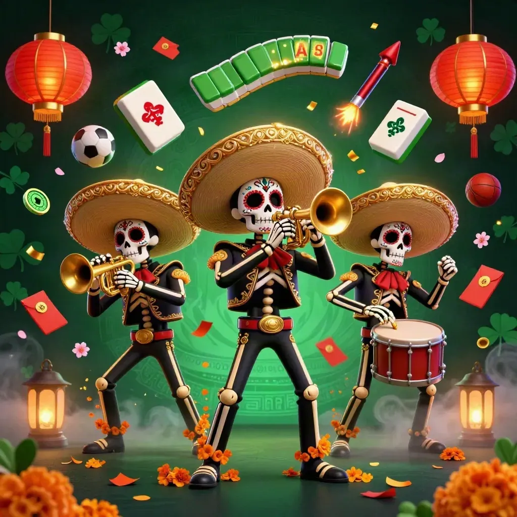 Skeleton mariachi trio with gold sombreros amid casino props, lanterns, coins, and glowing emerald fog.