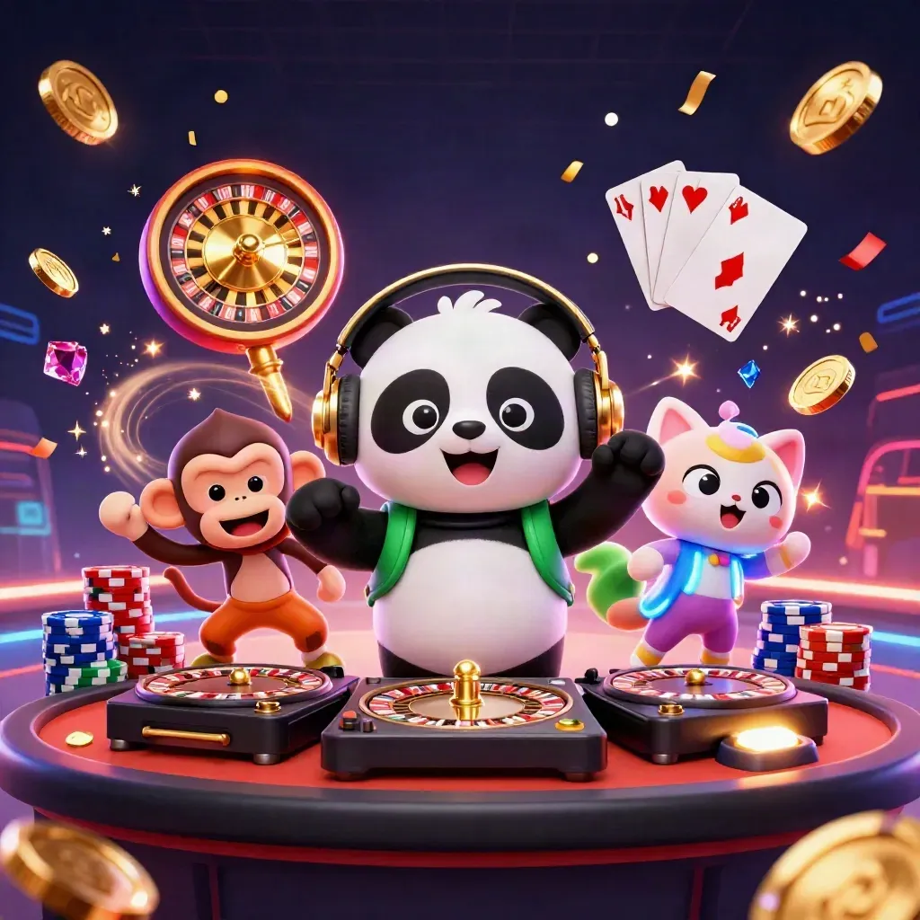 DJ panda, monkey, and glow kitten in a luxe neon casino scene with coins, gems, and roulette action.