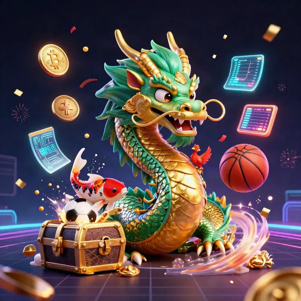 Golden dragon, phoenix, koi, crypto coins and sports gear exploding in a neon arena.