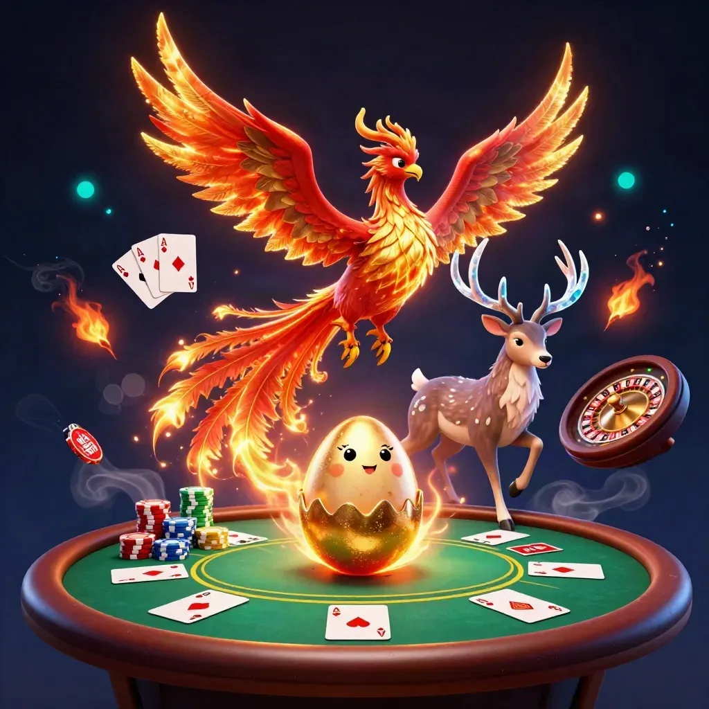 Fire phoenixes and a crystal-antler stag amid casino felt, chips, cards, and neon smoke.