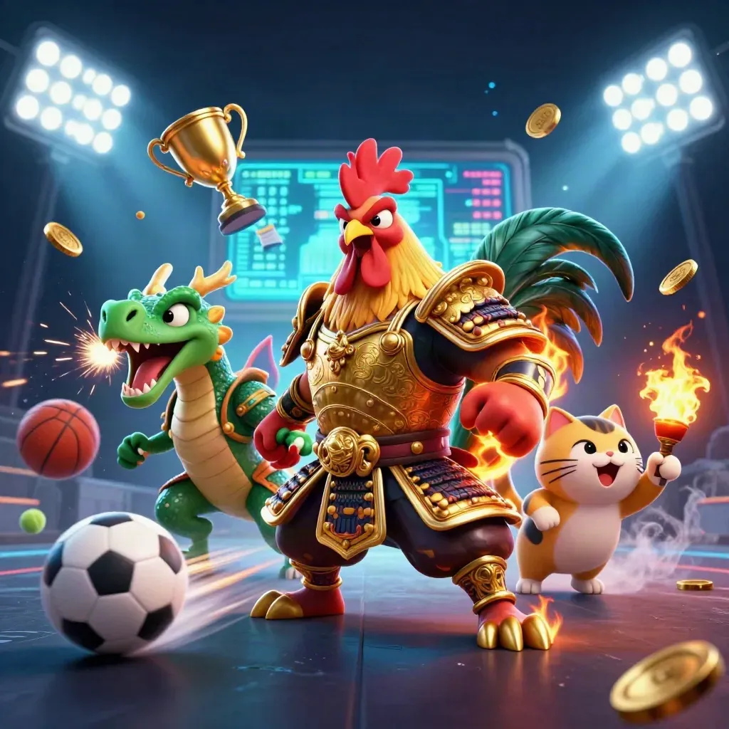 Rooster warrior, dragon hatchling and lucky cat amid flying balls, coins and stadium lights.