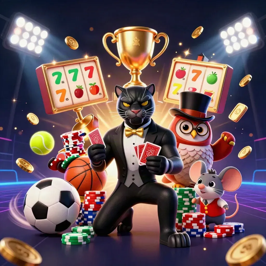 Panther dealer, owl and mouse amid casino bursts, balls, coins, trophy and emerald neon glow.