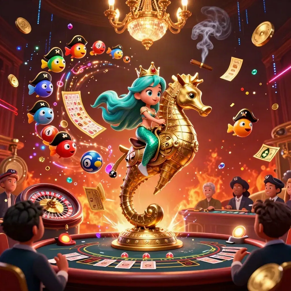 Mermaid princess on a golden seahorse, with pirate fish and neon casino effects.