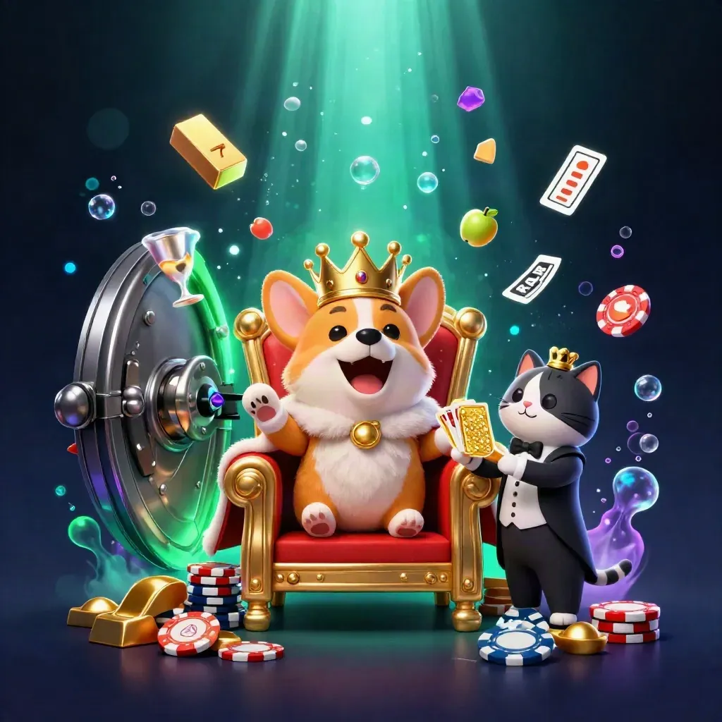 Royal corgi and cat butler burst from a golden vault with chips, gems, and neon casino glow.