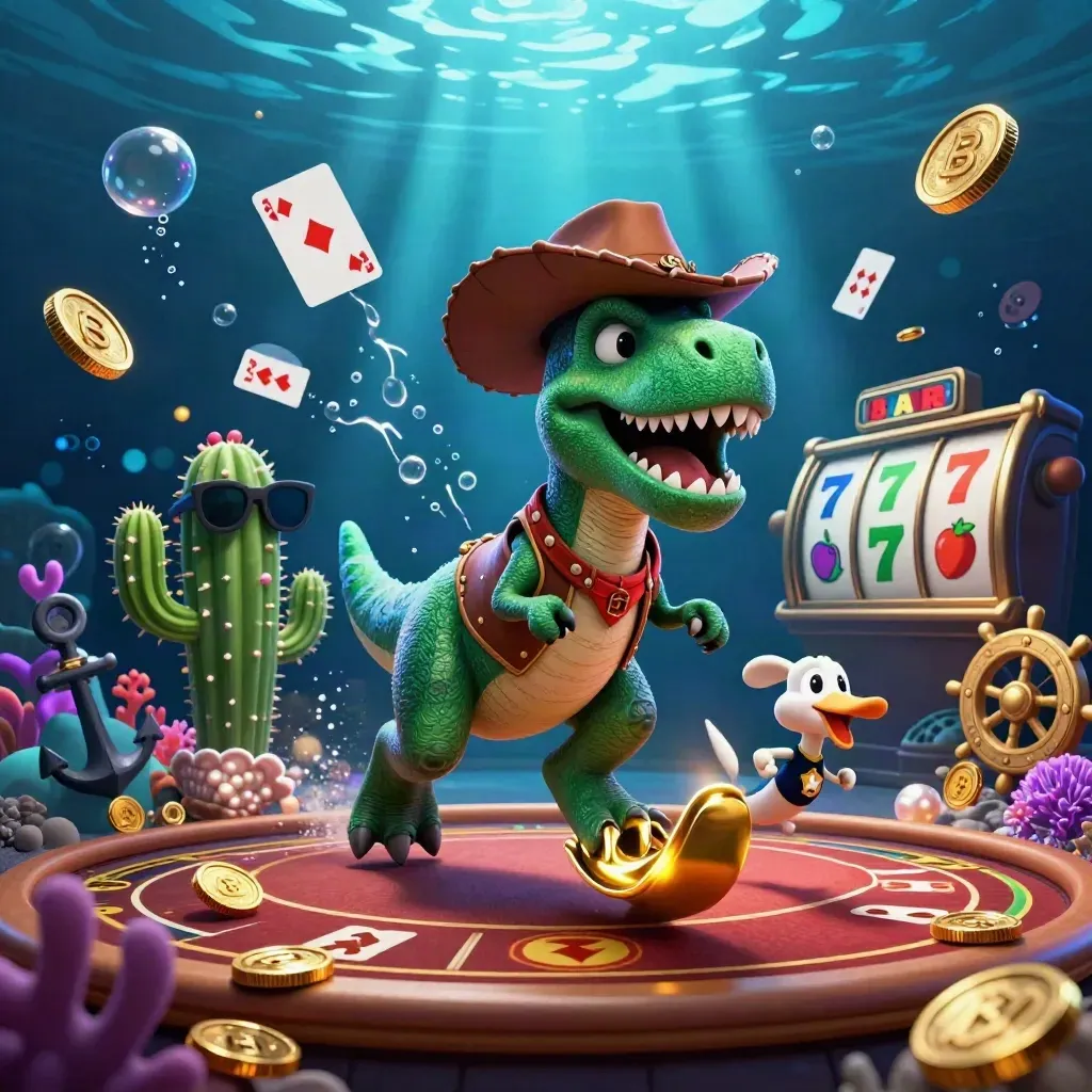 Cowboy T-rex, cactus sidekick, and roadrunner burst through an underwater treasure cove.