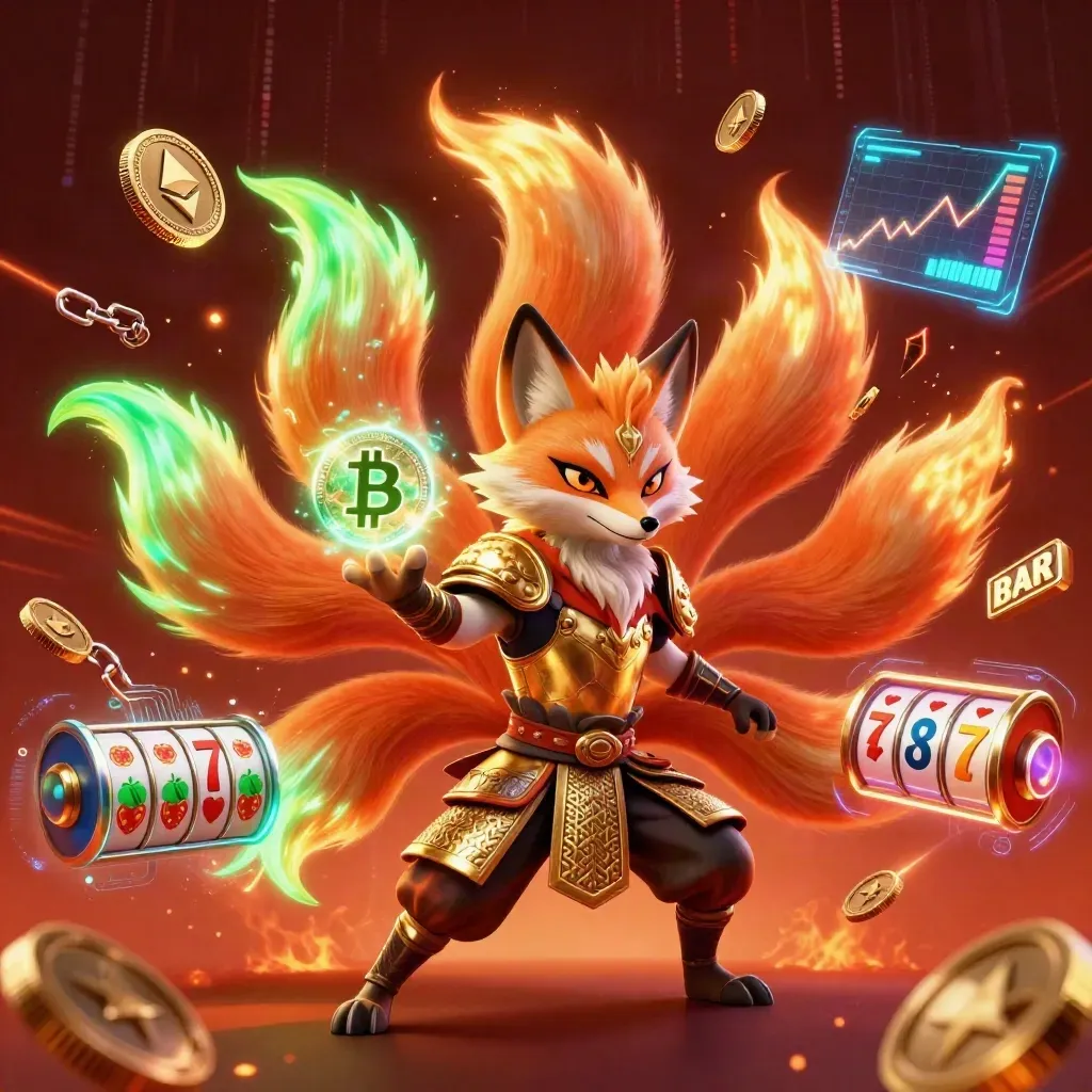 Neon fox spirit and golden mouse amid casino coins, reels, lightning, and ember glow