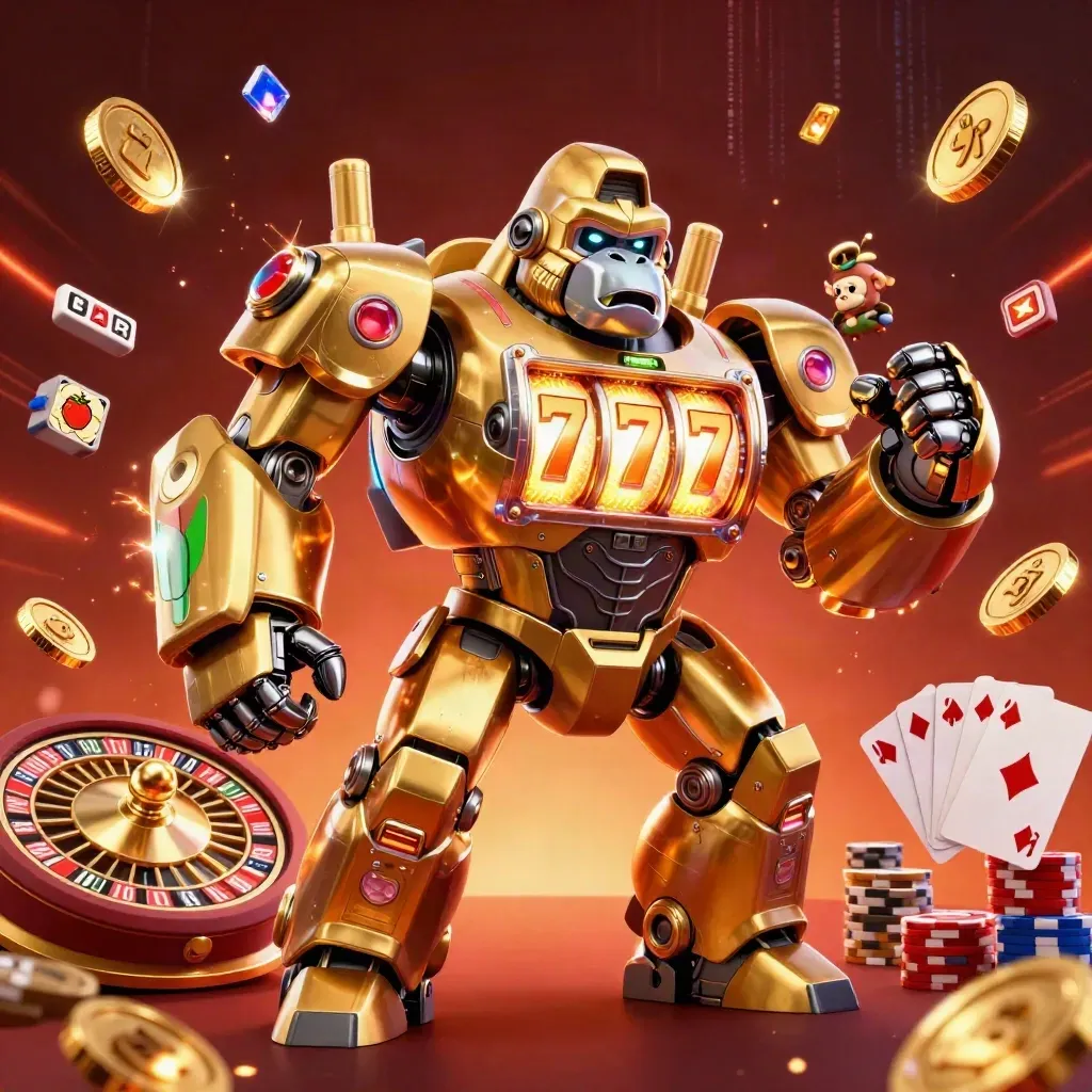 Golden gorilla mech with tiny monkey pilot amid coins, gems, cards, chips and neon casino energy.