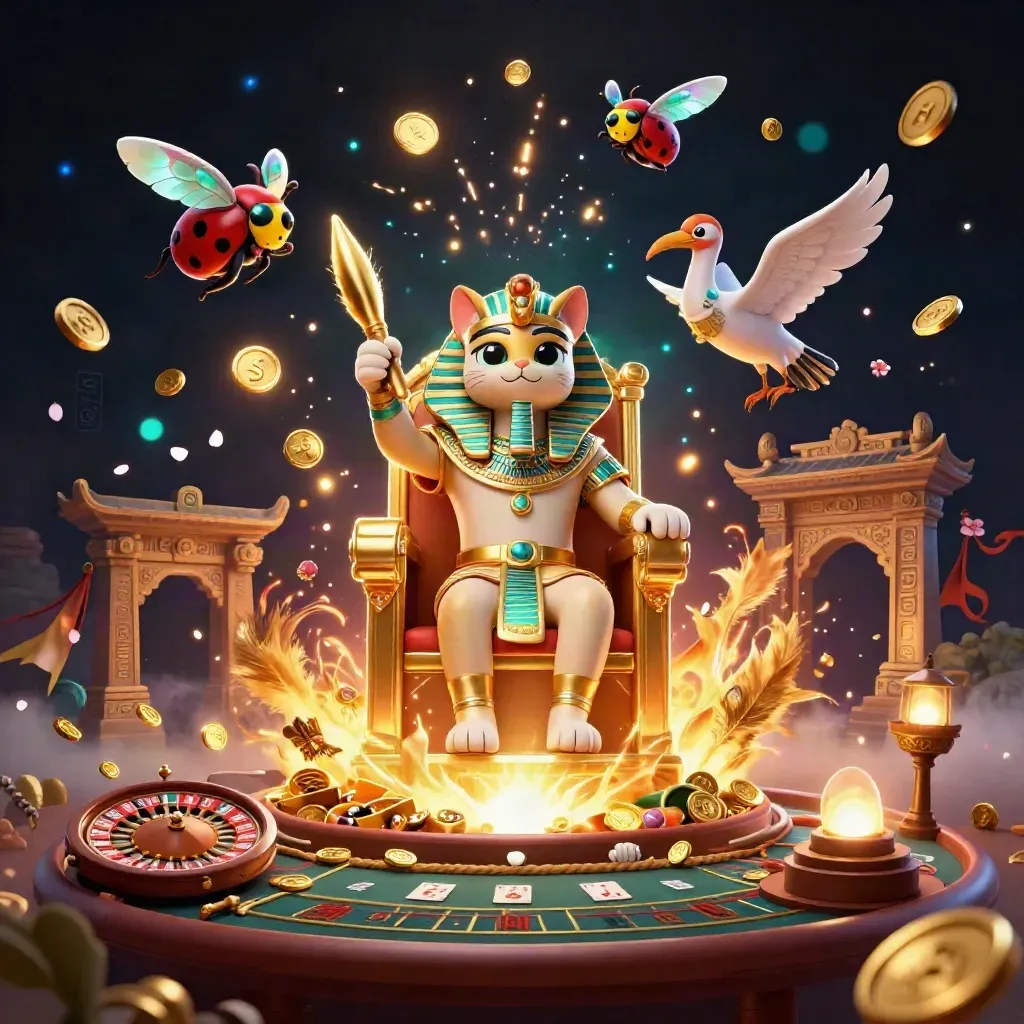 Pharaoh cat, ibis scribe, and gem-winged scarabs amid coins, fireworks, and casino magic