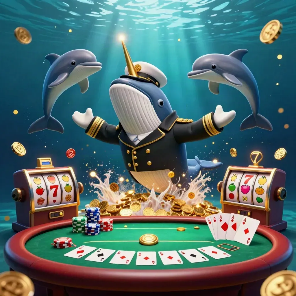 Whale captain, narwhal and dolphins burst from coins around a blackjack table in neon underwater light