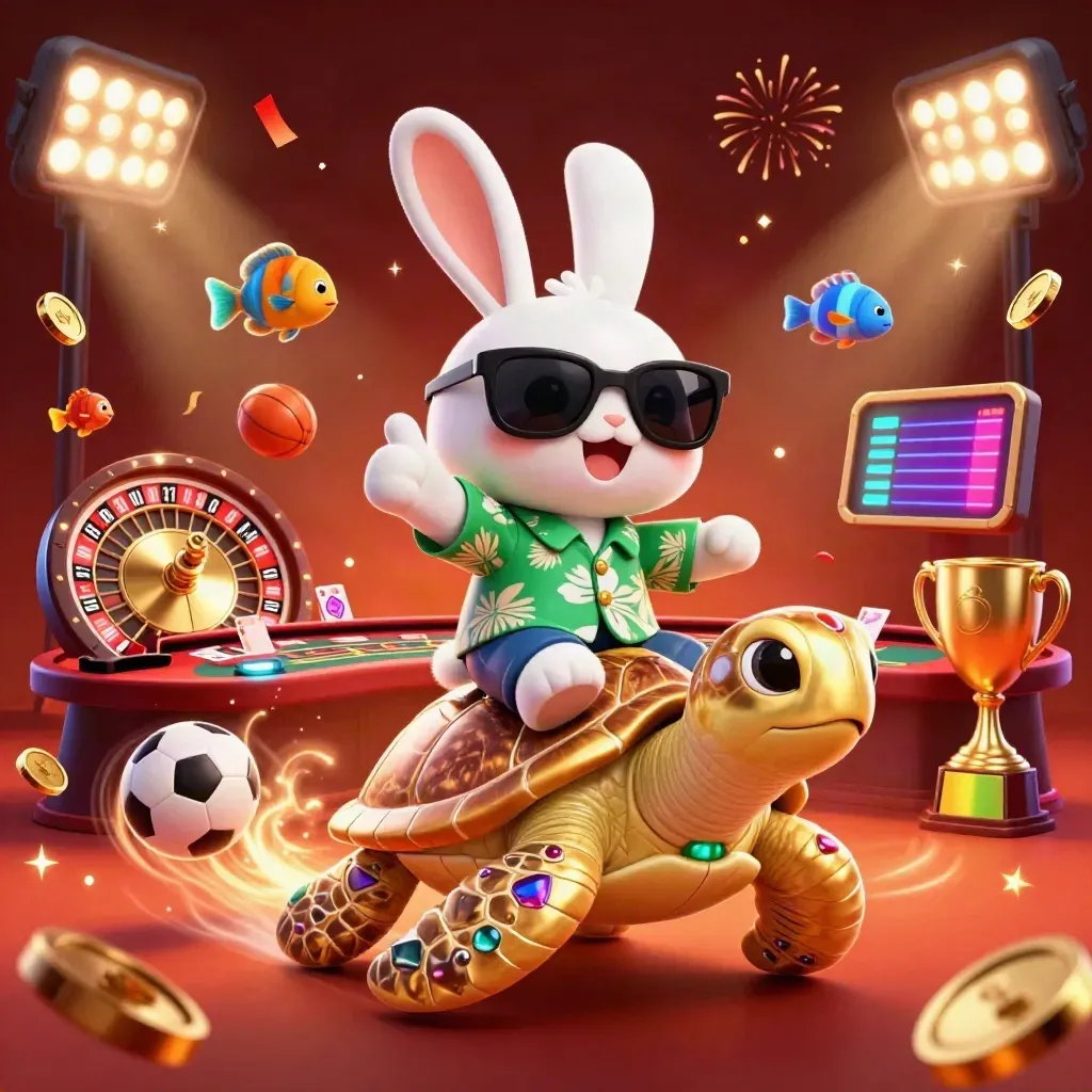 Lucky rabbit rides a gold sea turtle amid casino coins, fireworks, and sports balls.