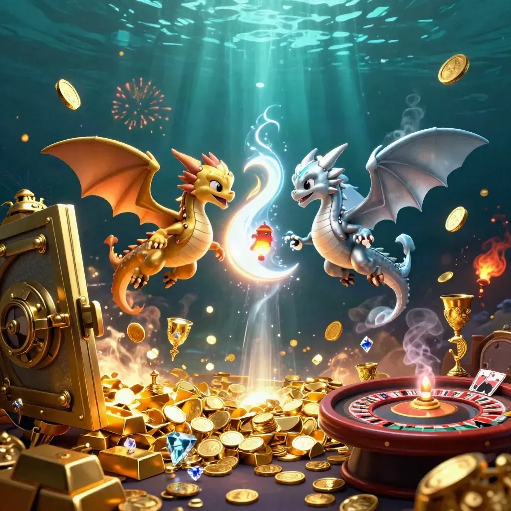 Gold and silver dragons burst from a vault amid coins, gems, cards and fireworks.