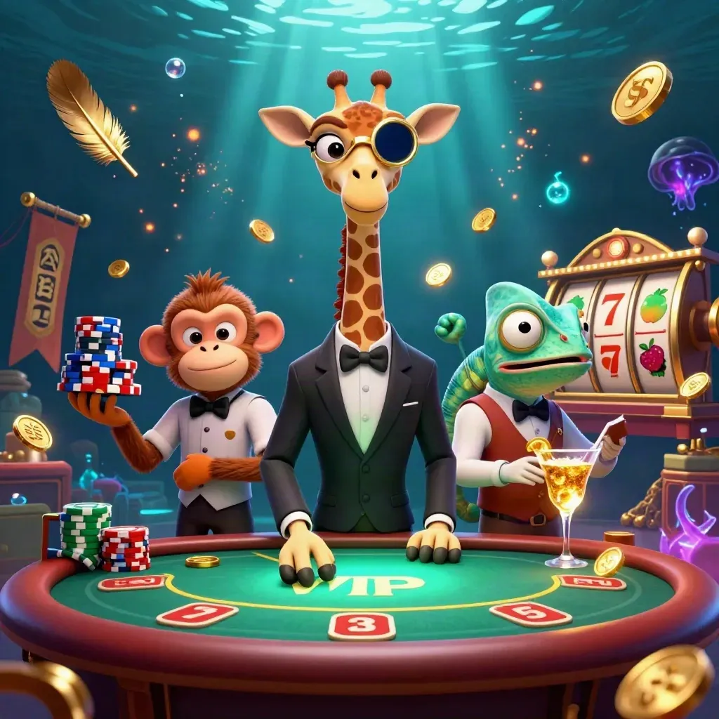 Giraffe high roller with monkey valet and chameleon bartender at a glowing casino poker table underwater