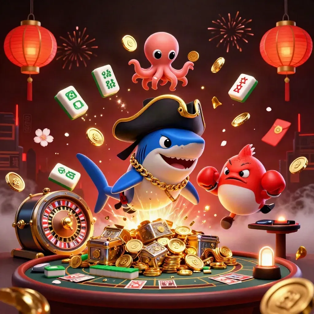 Pirate shark, pufferfish, and octopus amid treasure, coins, lanterns, fireworks, and casino props.