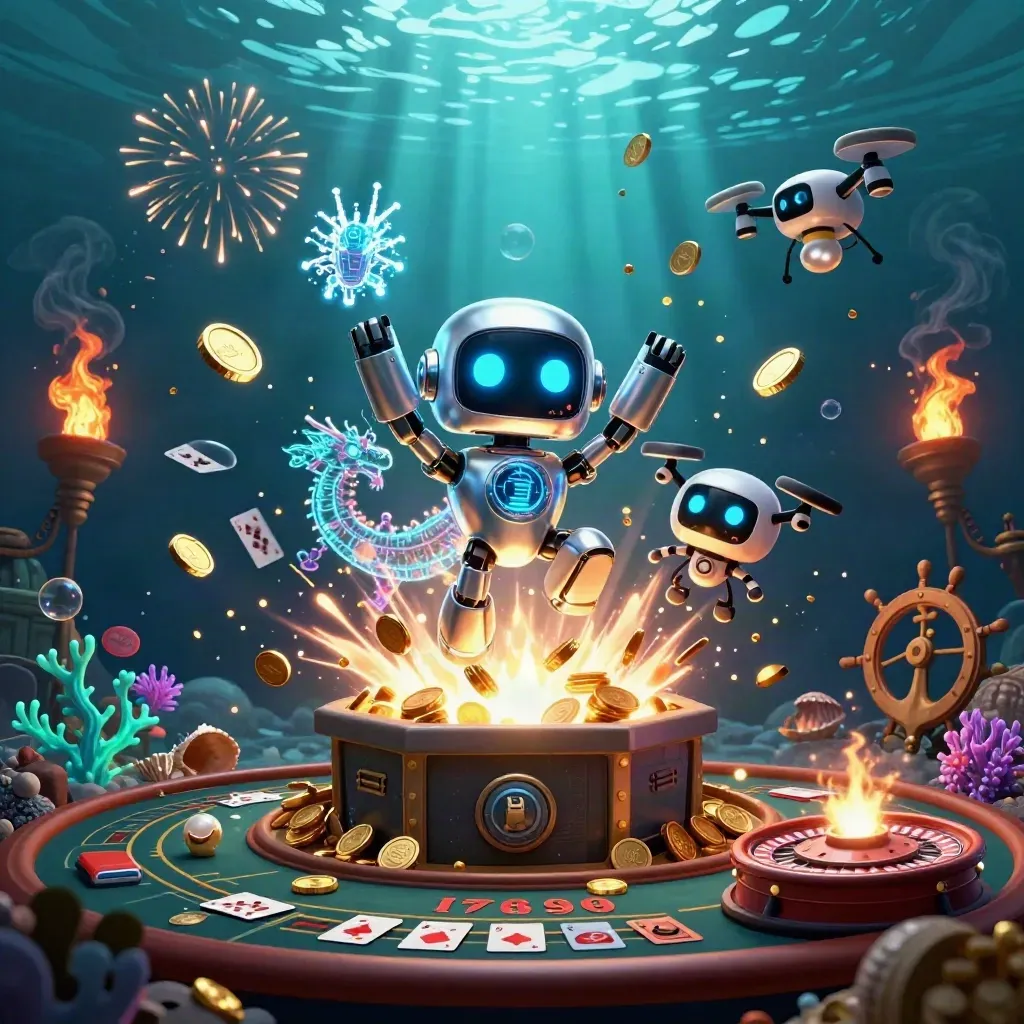Cyberpunk robot, holographic dragon, and coin drone in a treasure cove coin storm