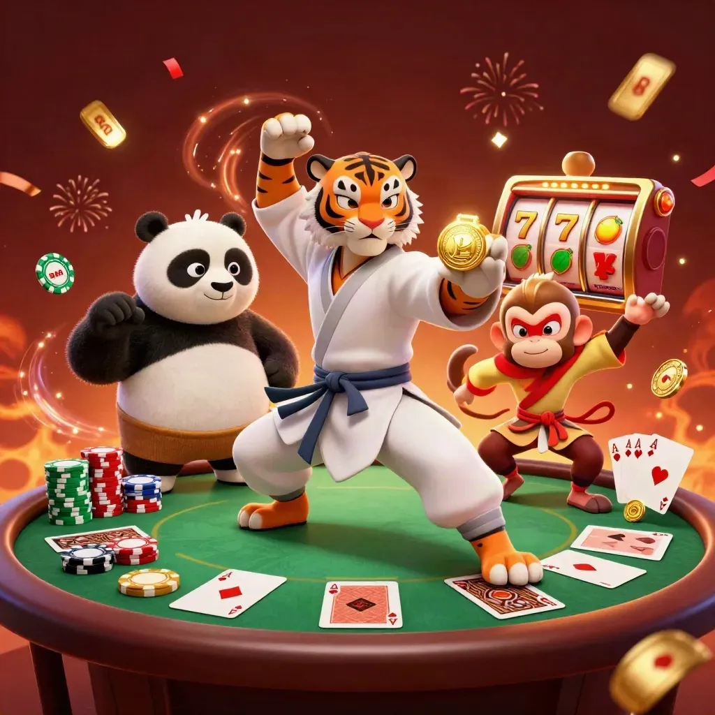 Kung-fu tiger, panda, and monkey amid poker chips, aces, and fiery casino magic.