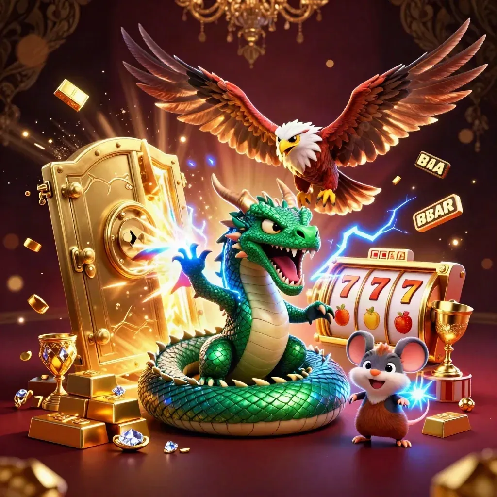 Thunder dragon, wind hawk, and mouse amid vault gold, gems, and casino reels on a dark luxe backdrop.
