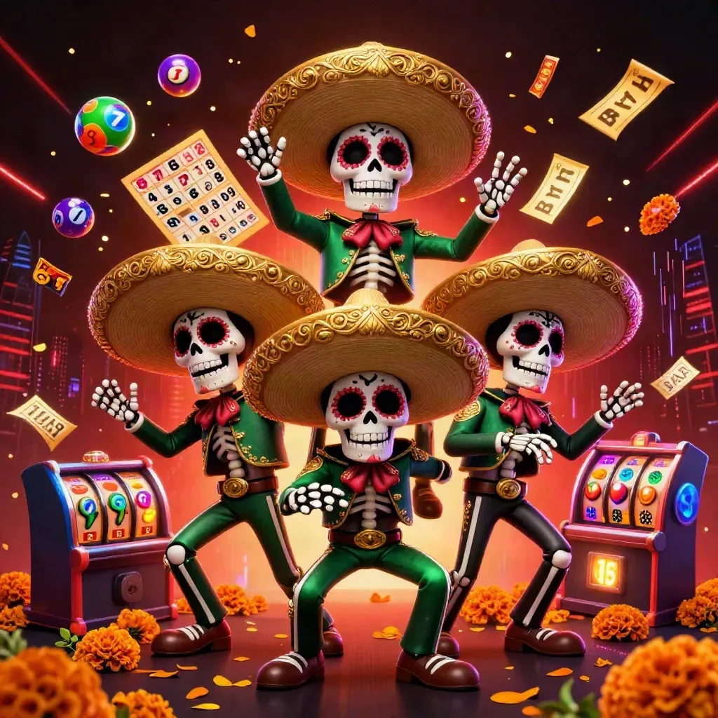 Three skeleton mariachi performers amid casino balls, wheel, tickets, and neon lightning.