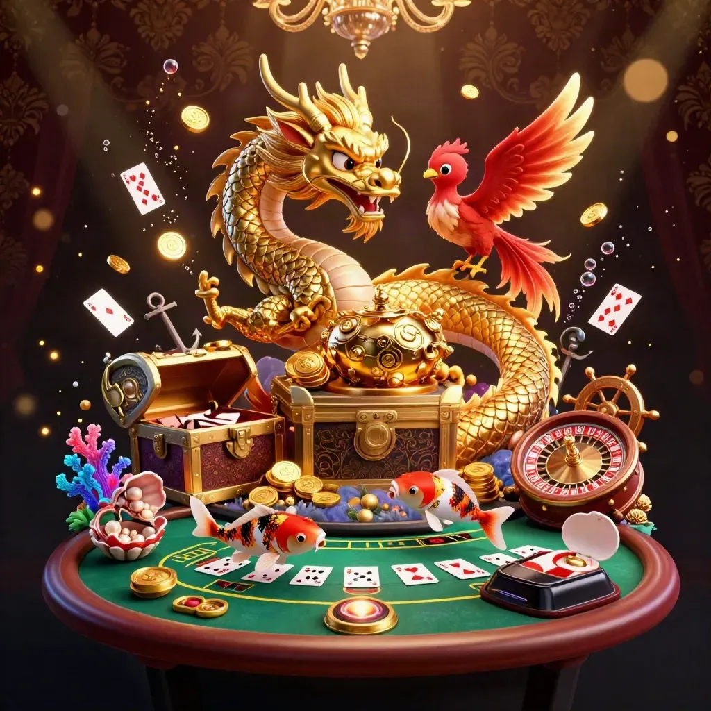Golden dragon, phoenix, koi, treasure chest, and casino symbols in luxe neon glow.