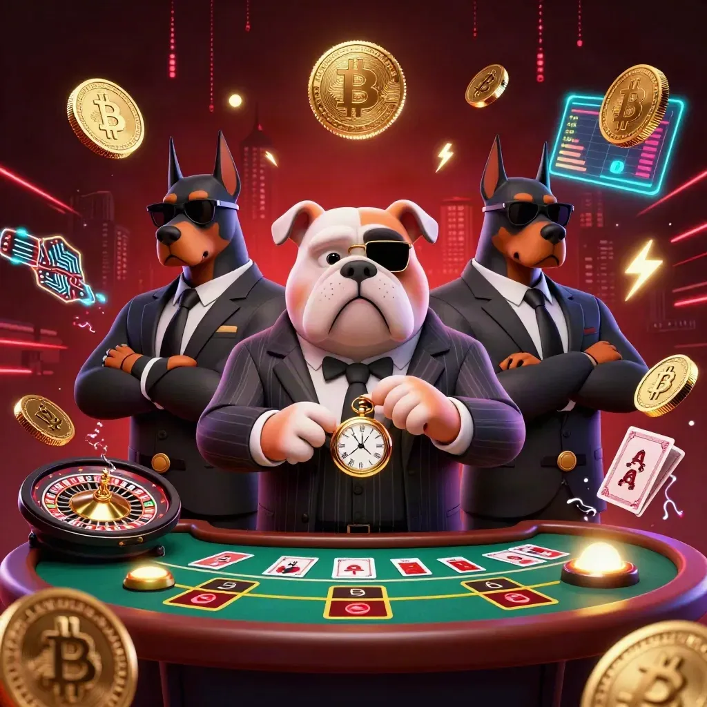Bulldog boss with Doberman bodyguards amid neon crypto casino chaos and spinning table elements.