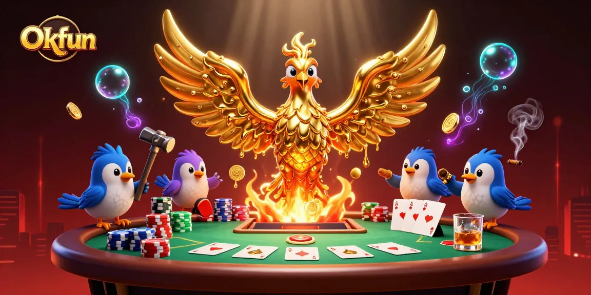 Experience thrilling gameplay at Okfun with a molten gold phoenix soaring over poker chips and cards.