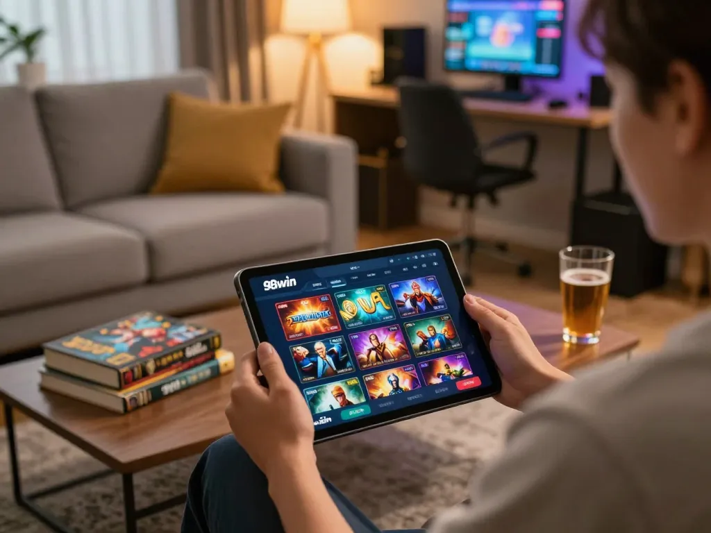 Player enjoying the 98win casino app at home, illustrating responsible gaming in a cozy atmosphere.