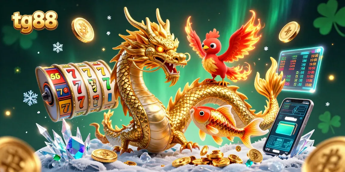 Experience tg88 with a vibrant, action-packed scene featuring a majestic dragon and phoenix amidst a flurry of slot reels and lucky symbols.