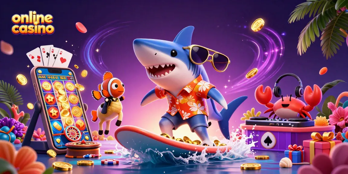 Surf dynamic slots action in an online casino-themed 3D illustration with vibrant characters.