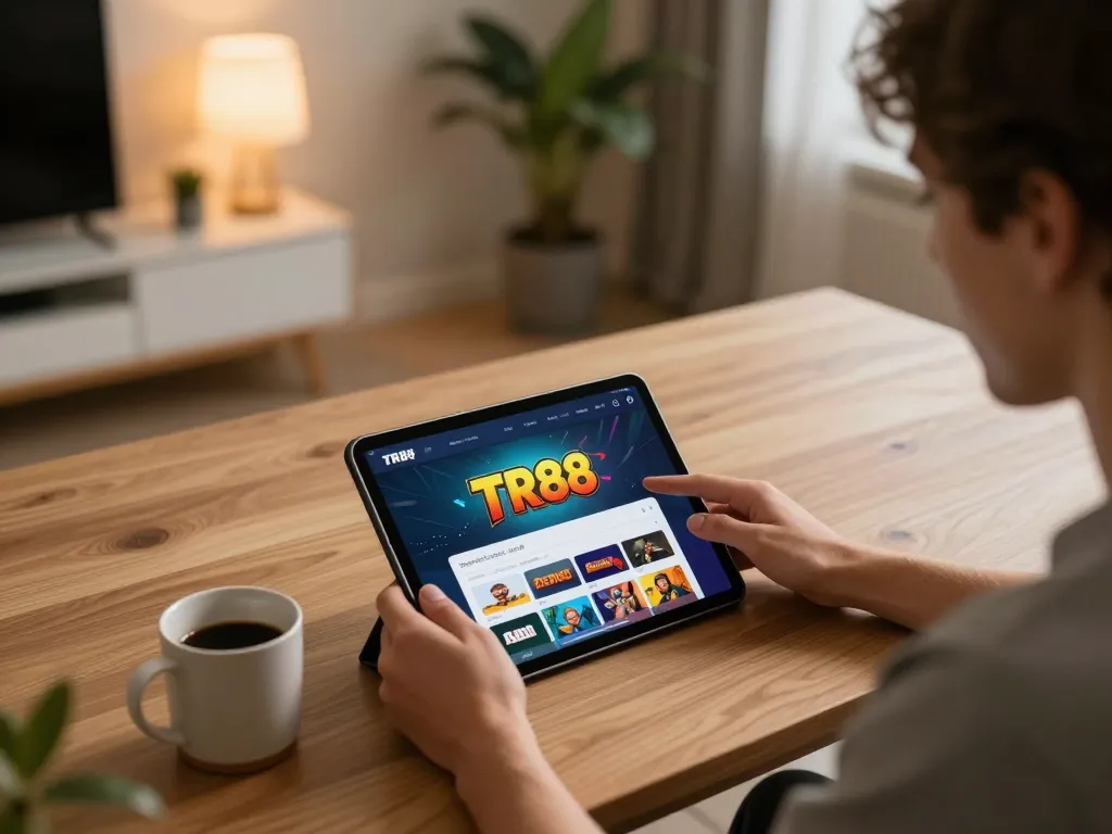 Engaging with the TR88 link casino app on a tablet in a cozy home gaming setup