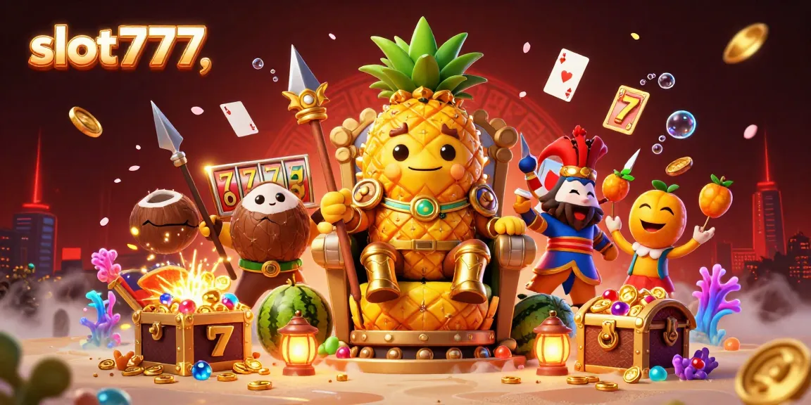 Engage with slot777's captivating jackpot scene featuring a golden pineapple king amidst vibrant casino elements.