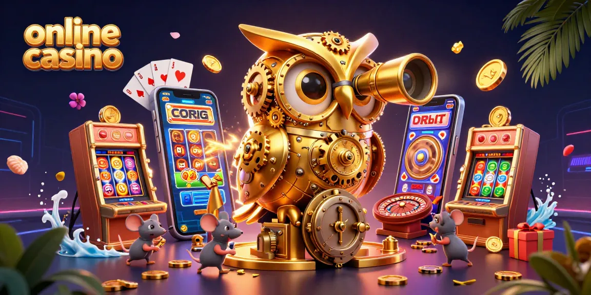 Experience the thrill of online casino games, featuring a clockwork owl and vibrant slot elements.