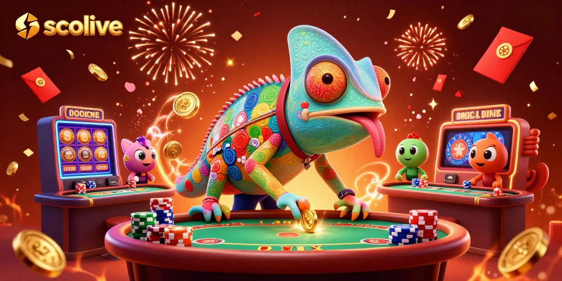 Socolive delivers a vibrant casino experience with its chameleon mascot and dynamic gaming elements in a festive setting.