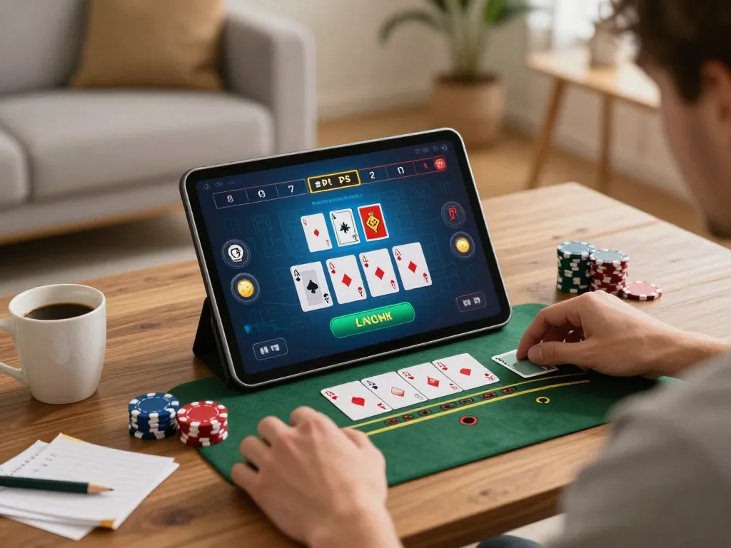 Player enjoying blackjack on Open88 tablet, enhancing strategic gameplay in a cozy setting