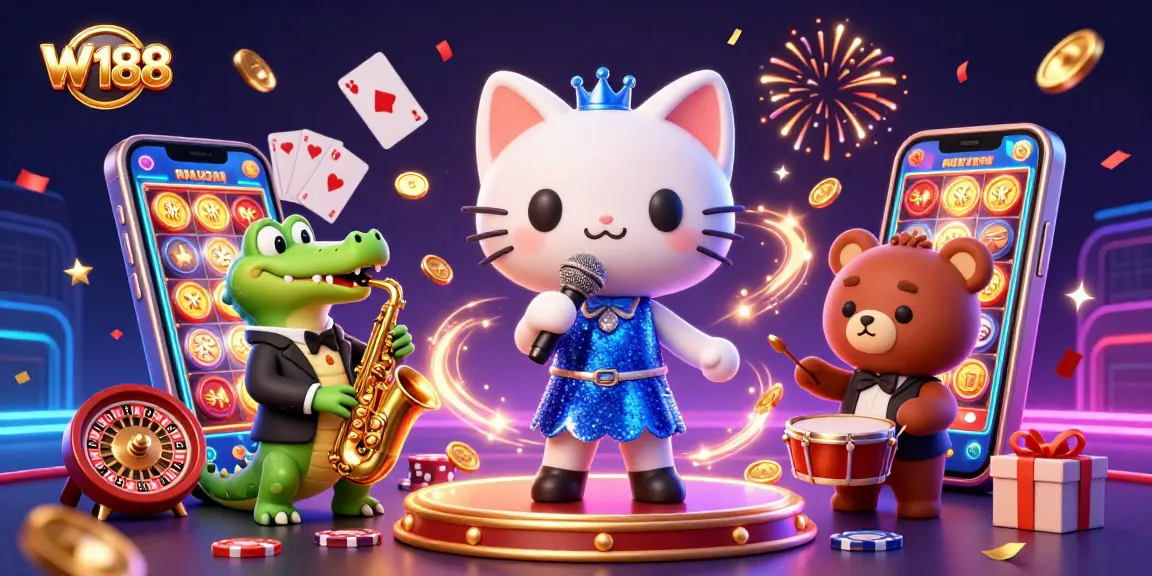 W188 showcases thrilling slot game excitement with charismatic characters in a vibrant casino scene.