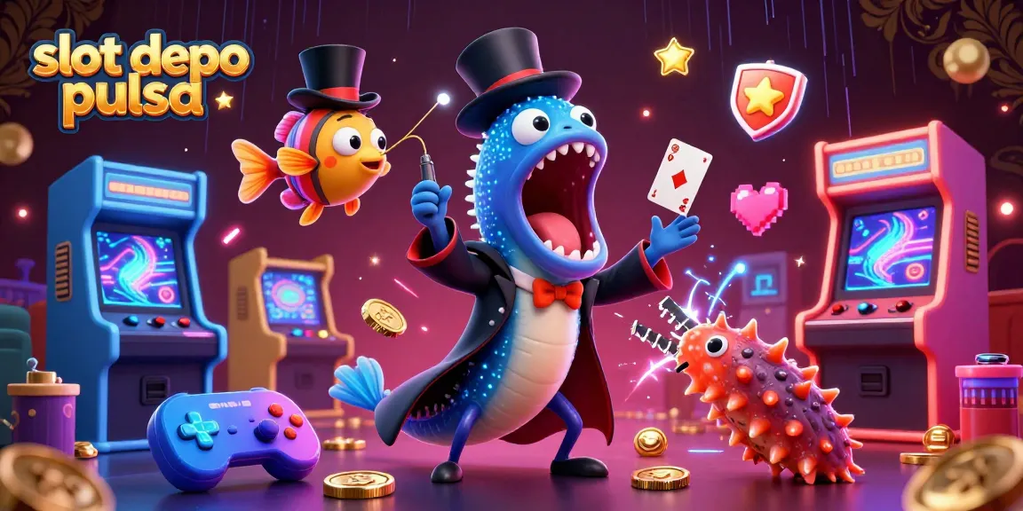 Menangkan permainan slot depo pulsa dengan berbagai simbol jackpot dan karakter lucu dalam ilustrasi 3D.