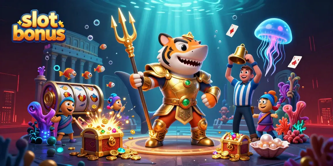 Experience high stakes with slot bonus in an underwater colosseum featuring a fierce tiger shark and dazzling treasures.