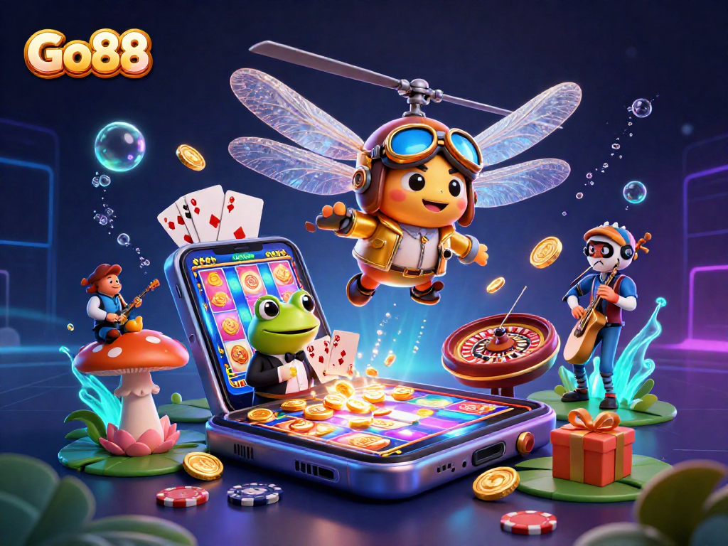 Experience thrilling gaming at Go88 with a vibrant casino scene featuring dynamic characters.