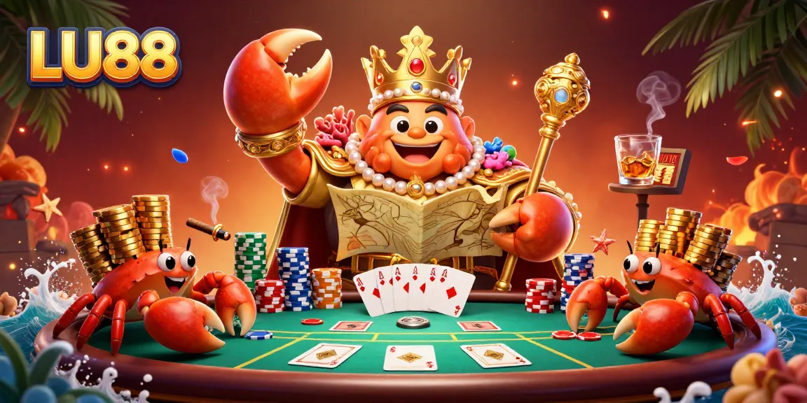 Experience the thrill of LU88 with a golden crab emperor at a vibrant poker scene.
