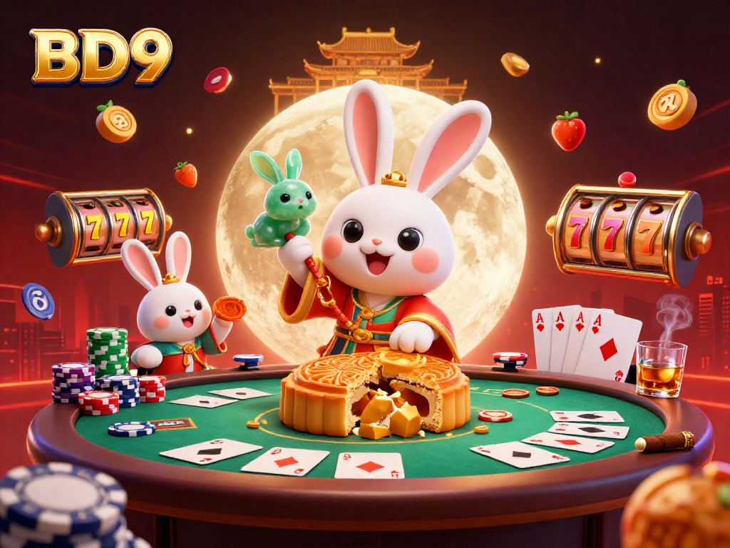 Experience thrilling gaming at BD9 with vibrant casino elements and a moon-themed playful scene.
