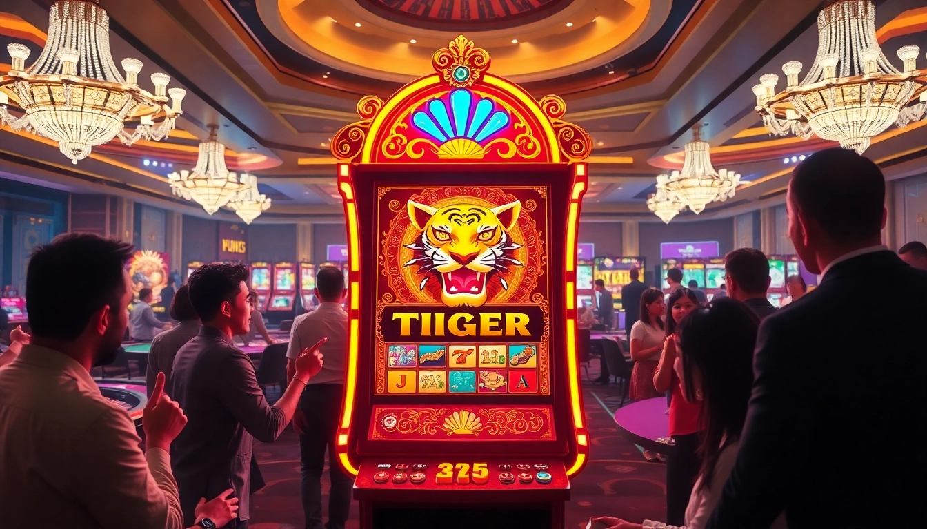Play วิธีเล่น Fortune Tiger at a vibrant casino with excited players and colorful slot machines.