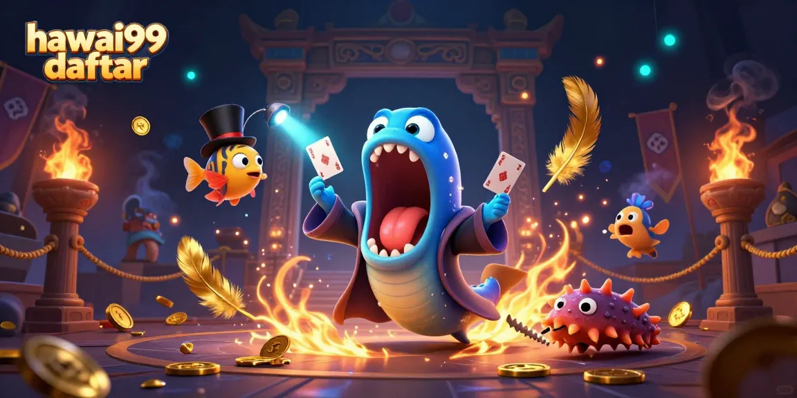 Engage in thrilling card tricks with hawai99 daftar's aquatic characters in a captivating casino scene.