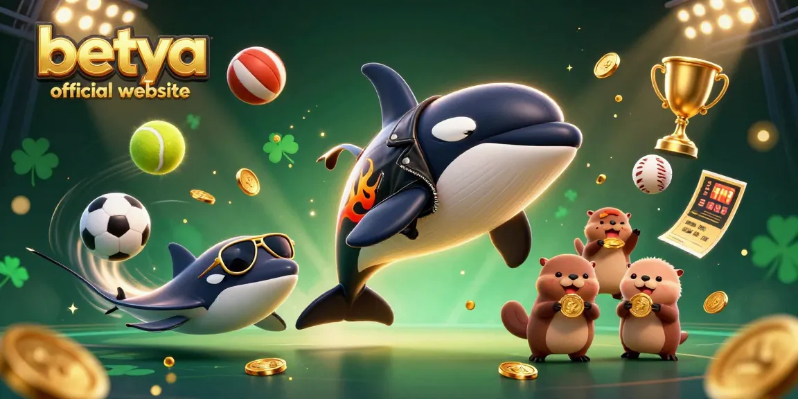 Betya official website showcases a dynamic casino scene with an orca, stingray, and otters amidst sports elements.